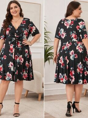 Sweet Lindsey 3X Black Floral Dress Ruched Drawstring Waist V-Neck A-Line Plus S